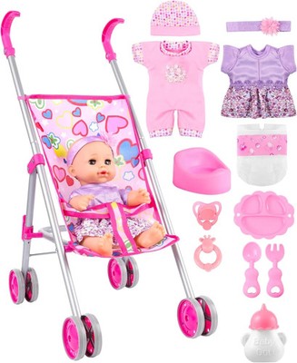 Baby Doll Stroller Playset with 12-Inch Doll & Accessories, Foldable Lightweight