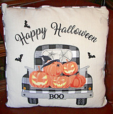 Halloween Pumpkins, Witches hat, Bats, Boo Haunted Truck Throw Pillow 18"X18"