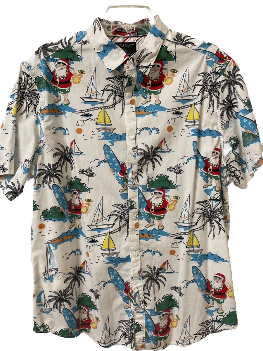 Denim & Flower Ricky Singh Shirt Mens XL Hawaiian Surfing Santa