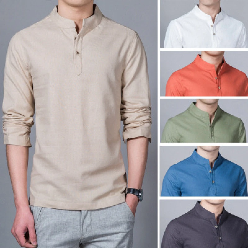 Spring/Summer Men's Cotton Linen Loose Casual Long Sleeve Collar Shirt Top