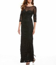 JS COLLECTIONS Black Soutache Lace Sheer Illusion Yoke Sleeve Column Maxi Gown 6