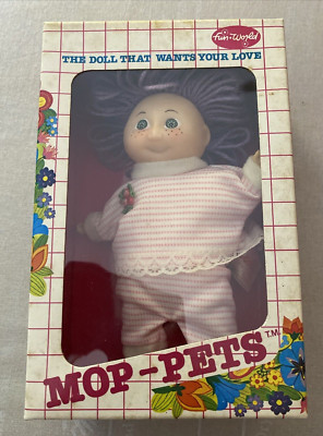 VINTAGE FUN WORLD MOP PETS~PURPLE HAIR~PINK STRIPE OUTFIT SHOES~6''~DAMAGED BOX