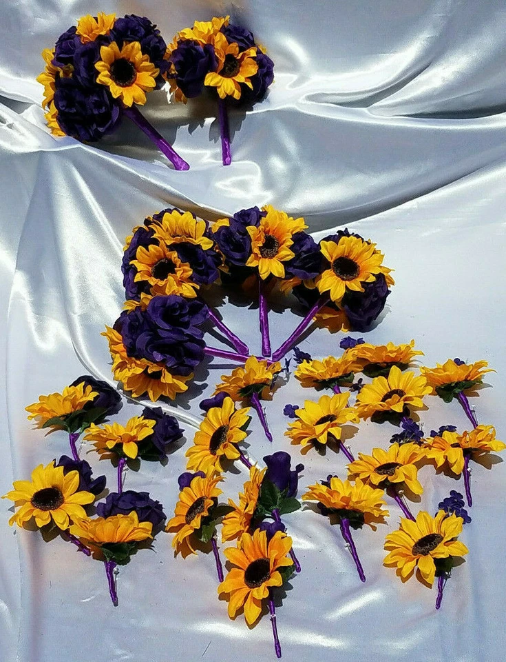 24 Pc Wedding Bouquet Set, Purple Rose, Yellow Sunflowers, Bouquet Package - Image 2 of 4