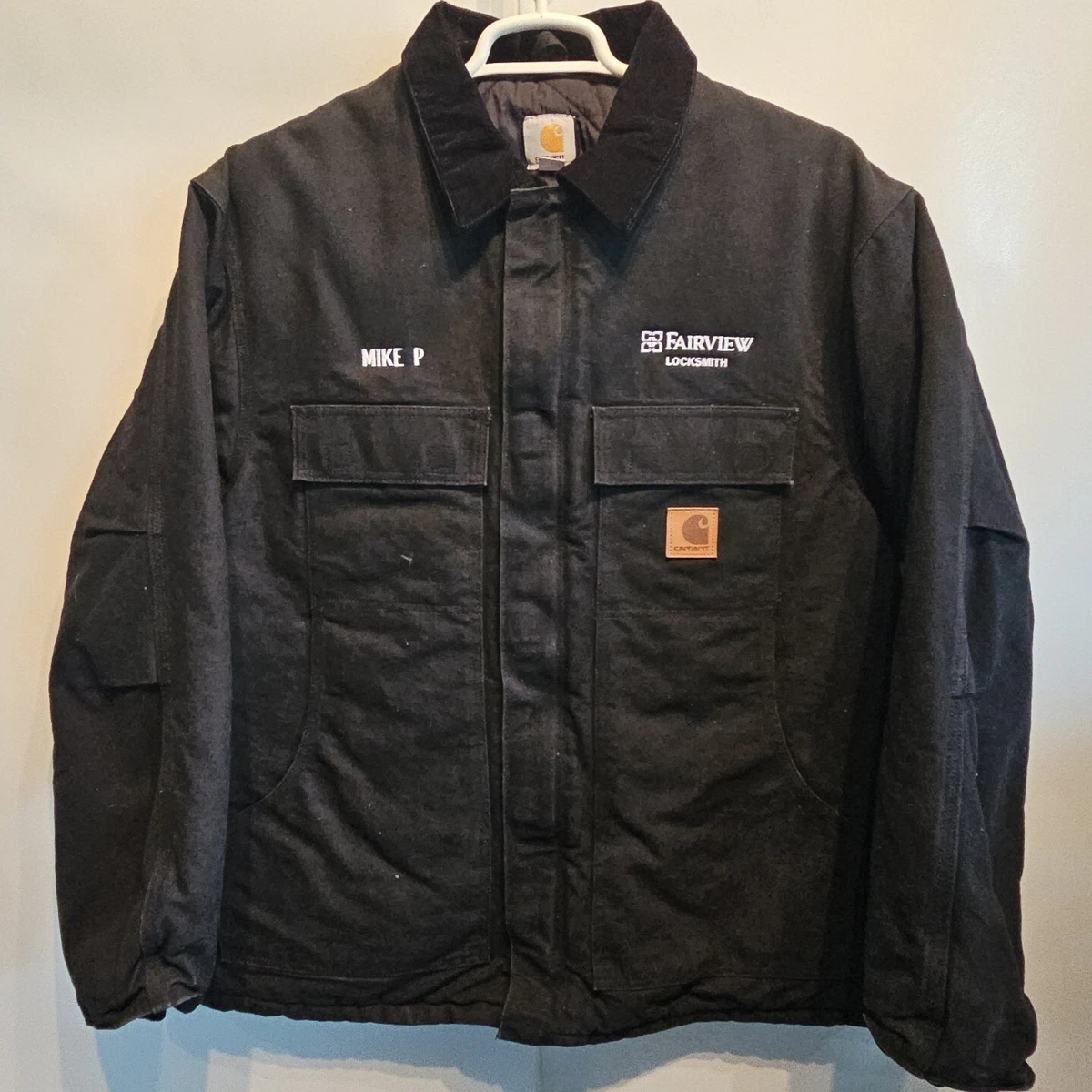 Vtg Carhartt Black Canvas Work Farm Trucker Jacket Coat Mens Size XL Mike