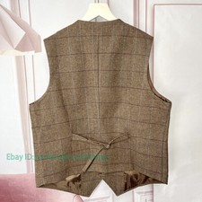 Men Tweed Wool Blend Herringbone Retro Waistcoat Plaid Slim Fit Formal Suit Vest
