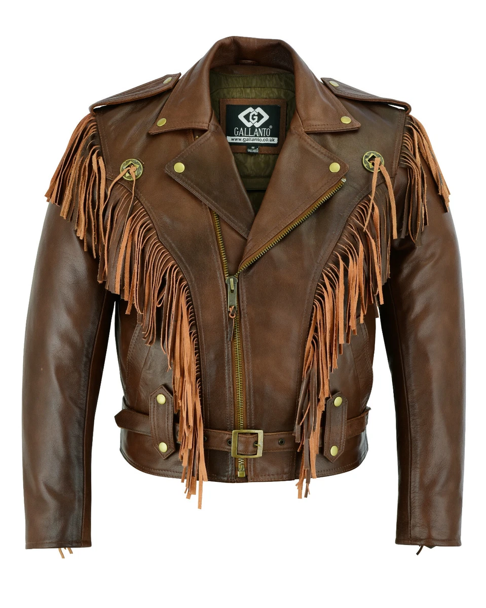 Vintage Brown Biker Fringe Leather Jacket Tassle Concho Premium