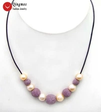 10-11mm Natural Pink Pearl Necklace for Women Purple Lava 18" Leather Chokers