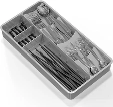 Adjustable Silverware Utensil Drawer Organizer for Kitchen, Grey