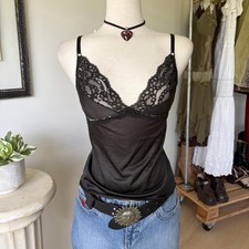 VTG Black Camisole Tank Top Women's Size Medium Lace Trim