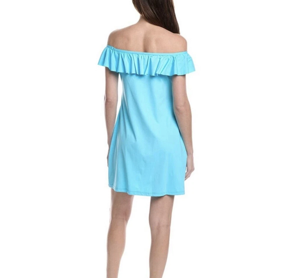 NUEVO Vestido Tommy Bahama Perla Fuera del Hombro Volantes Spa Azul Talla L Foto 2 de 4