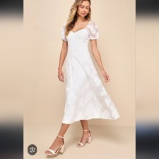 Lulus Sweetest Behavior White Embroidered Puff Sleeve Midi Dress Medium