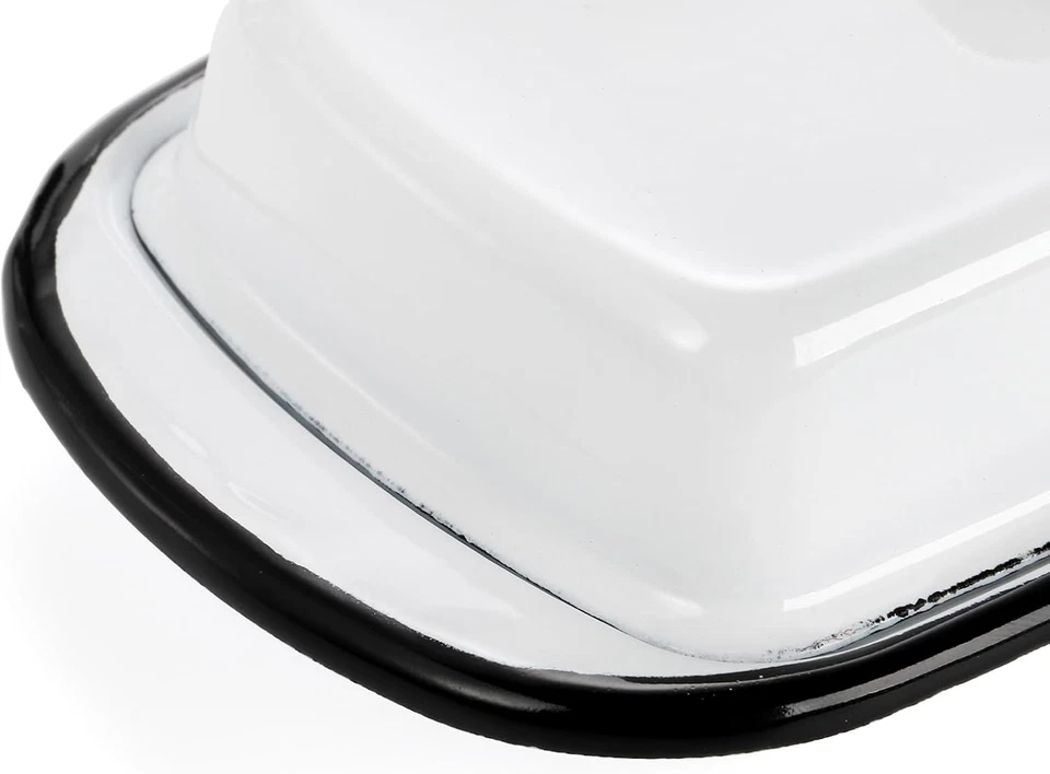 Enamel Butter Dish with Lid, Vintage Enamelware White Butter Tray Black Rim Butt - Image 4 of 4
