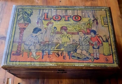 Ancien jeux de société " LE LOTO " boite en bois décor Enfants Cartons jetons - Photo 1/4