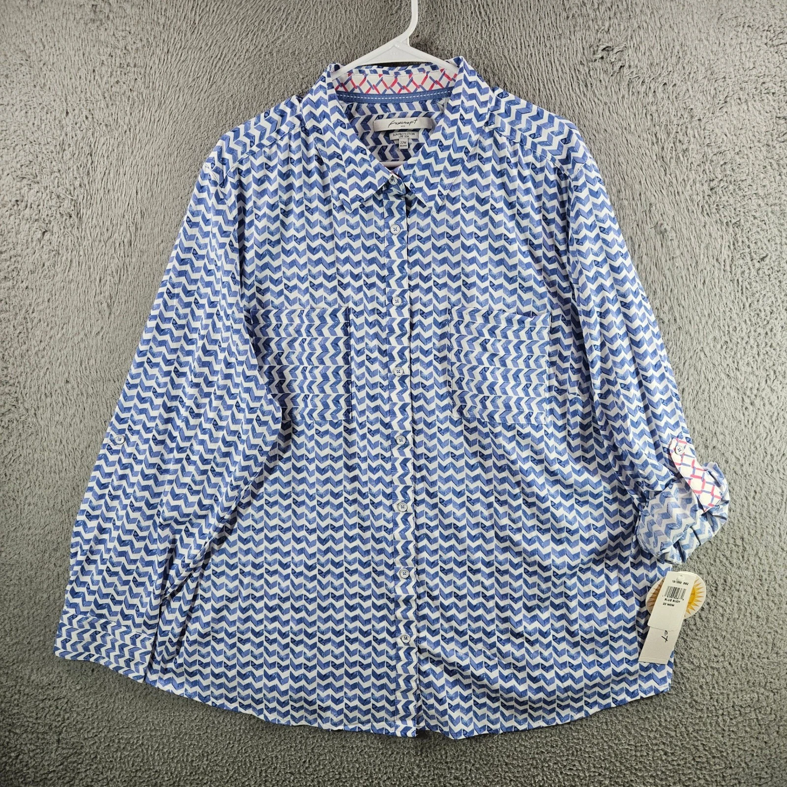 Foxcroft NYC Blue White Chevron UPF 50+ Sun Protection Shirt 22W Relaxed NEW