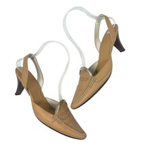 Tod's Debbie Slingback Kitten Heels Pumps Pointed Toe Leather Tan Size US 5.5