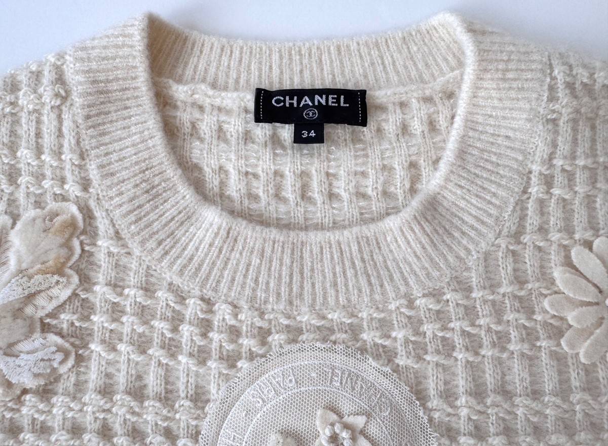 CHANEL 18B COCO NEIGE CASHMERE WOOL SILK ECRU CC SWEATER PULLOVER