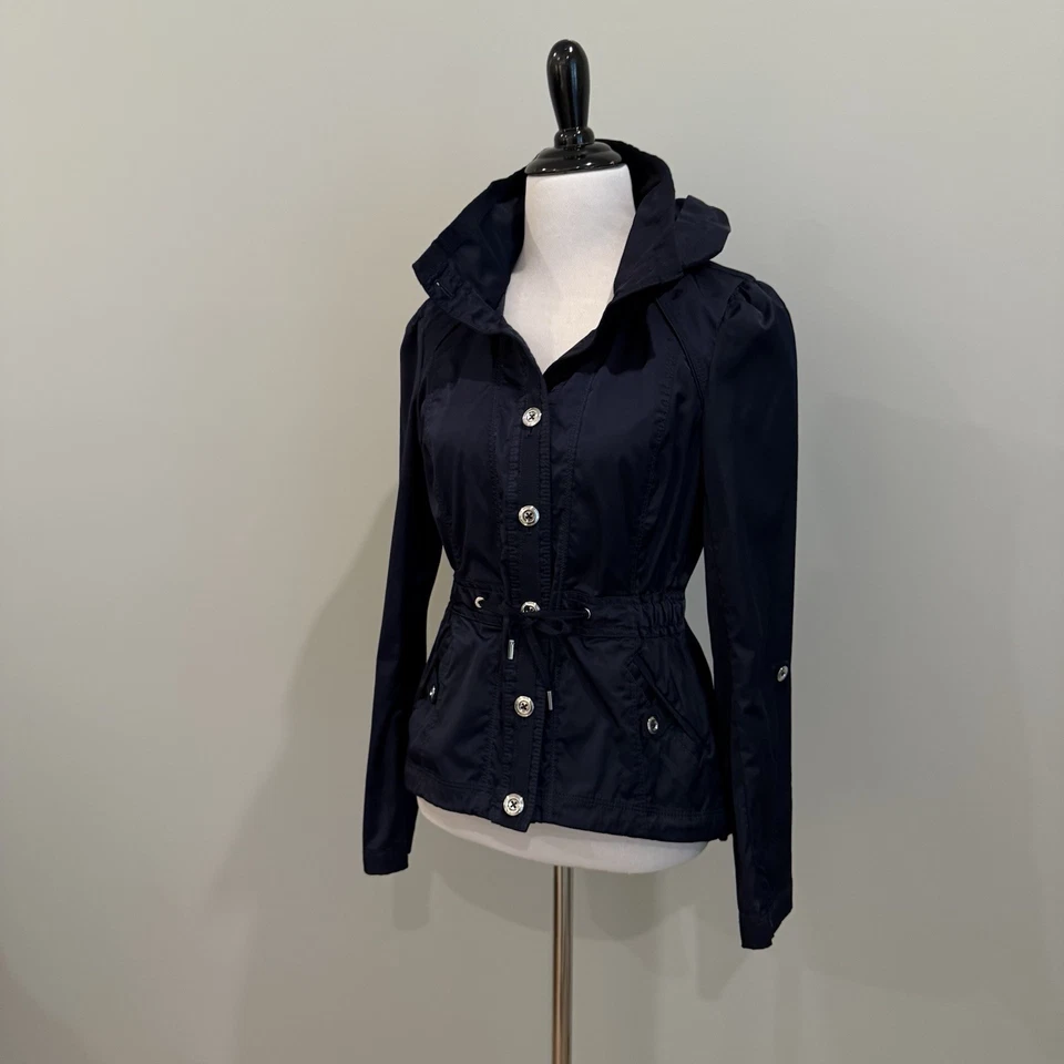 Chaqueta White House Black Market para mujer talla XS azul marino satinado parka con capucha  Foto 2 de 4