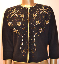 VINTAGE 1950's Luxurious Black Angora Beaded Sweater M Gold Sequins Beads Pearls