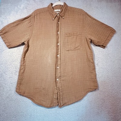 Turnbury Button Down Shirt Mens Medium Tan 100% Linen Short Sleeve Grid Textured