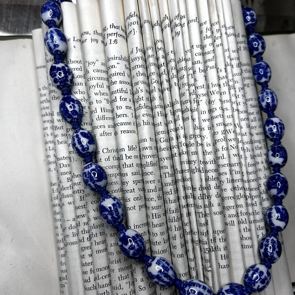 Collar de cuentas vintage de porcelana azul y blanco anudadas a mano 26 pulgadas exportación china Foto 4 de 4