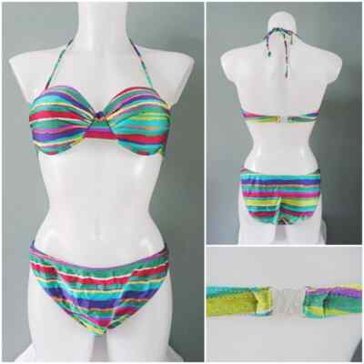 Vintage Bikini 80er Zweiteiler Badeanzug Damen Bademode Streifen Bandeau Neckholder