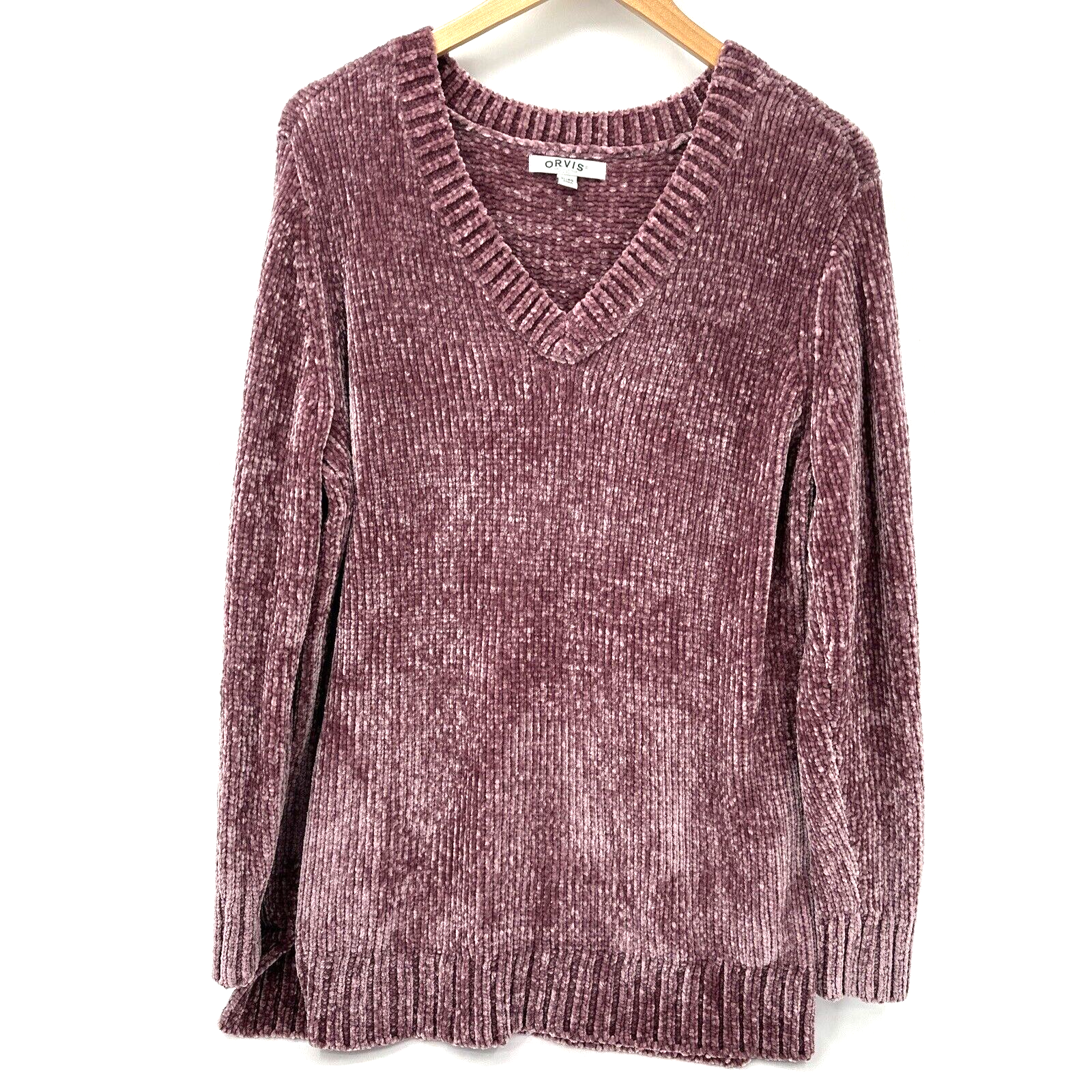 ORVIS Women's Chenille Sweater Size XL Mauve Pink V-Neck Pullover Comfy Knit