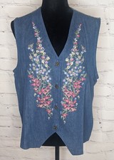Vintage Koret City Blues Denim Vest Womens's Embroidered Floral Sz M