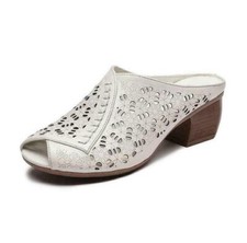Womens Leather Slippers Peep Toe Cut Out Carved Slip On Block Heels Mules Casual