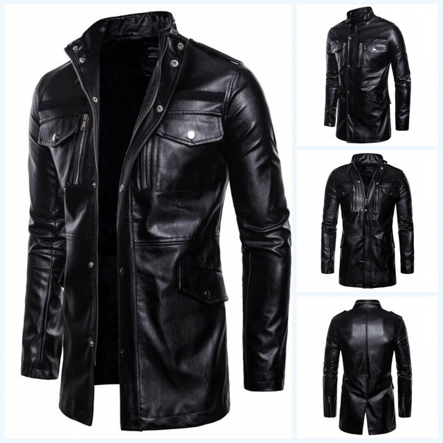 Mens Leather Jacket Slim fit Biker Motorcycle Trench Coat Stand collar