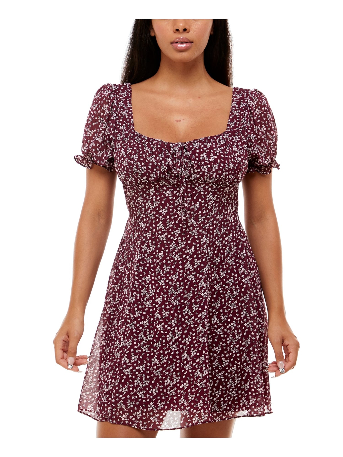B DARLIN Women’s Empire Waist Mini Dress with Pouf Sleeves and Queen Anne Neckline for Parties