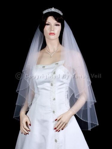 Handmade 2T White Fingertip Length Silver Bugle Beaded Edge Bridal Wedding Veil - Picture 2 of 5
