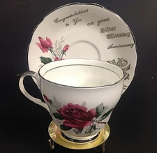 BONE CHINA ENGLAND CUP & SAUCER PANDORA DUCHESS SILVER ANNIVERSARY