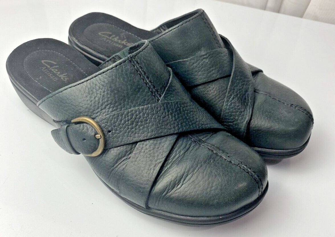 Clarks Clogs 8W Mules Shoes Black Leather Upper 85129 Artisan Buckle-image