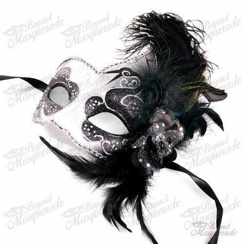 Ostrich Feather Venetian Masquerade Mask for Women M6131 [Black/Silver] - Image 4 of 4