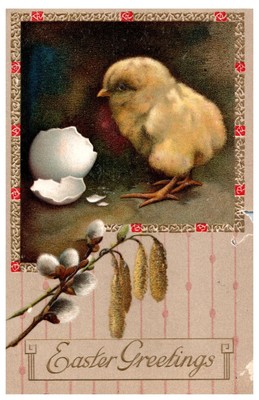 HATCHED YELLOW CHICK.EASTER GREETINGS.VTG EMBOSSED POSTCARD WITH DAMAGE*A33