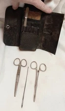 Vintage 2 Scissors & 1 Needle in Leather Case