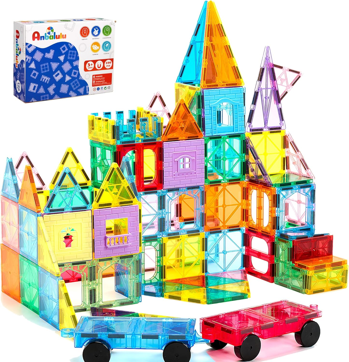Magnetic Tiles 100PCS with 2 Cars, STEM Educational Building Blocks for Kids Age