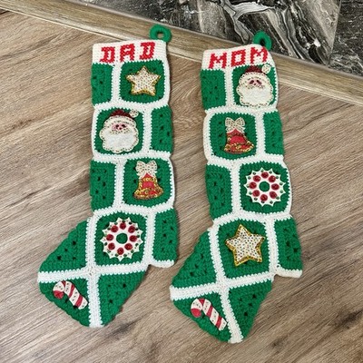 Christmas Stockings Handmade Lot of Crochet Granny Square White Green Mom Dad