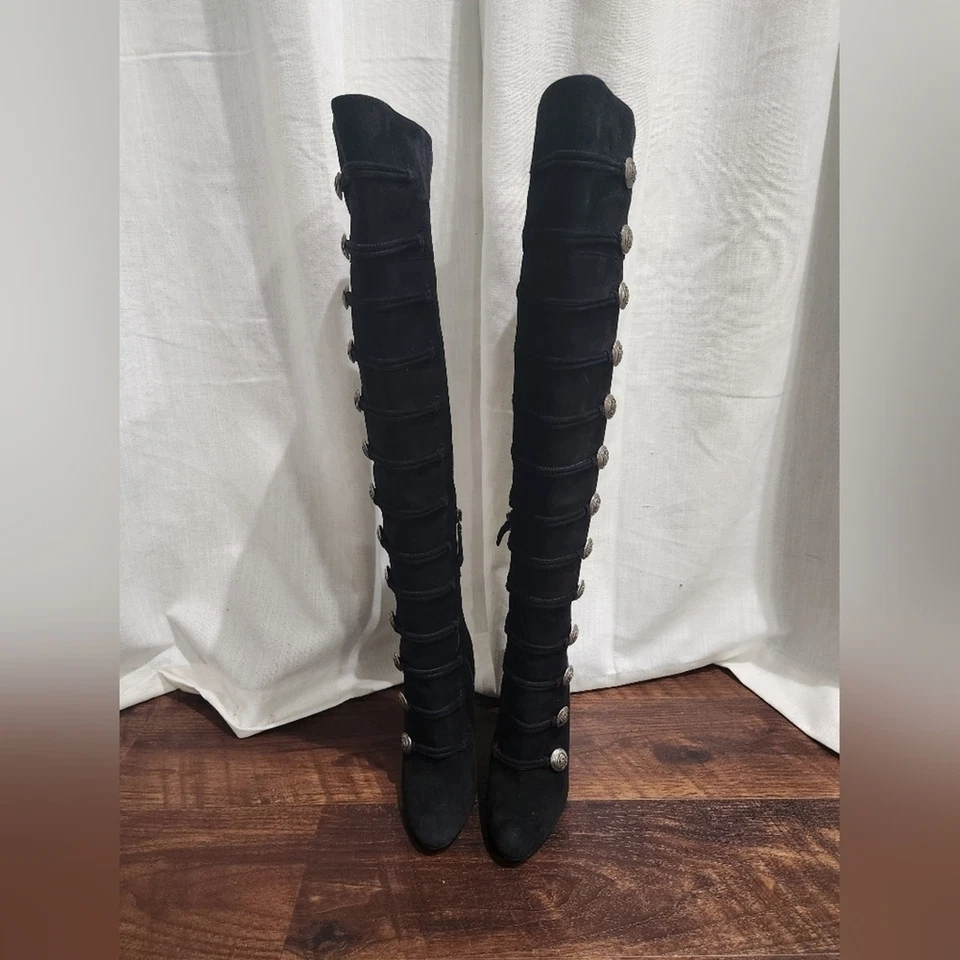 Botas RARAS Aquazzura Rasputine Militares Tacón Bloque Gamuza Negra Sobre la Rodilla Foto 2 de 4