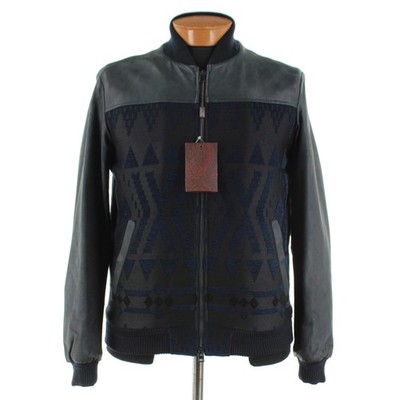 Etro NWD Leather / Wool Blend Bomber Jacket Size Medium In Blue Geometric