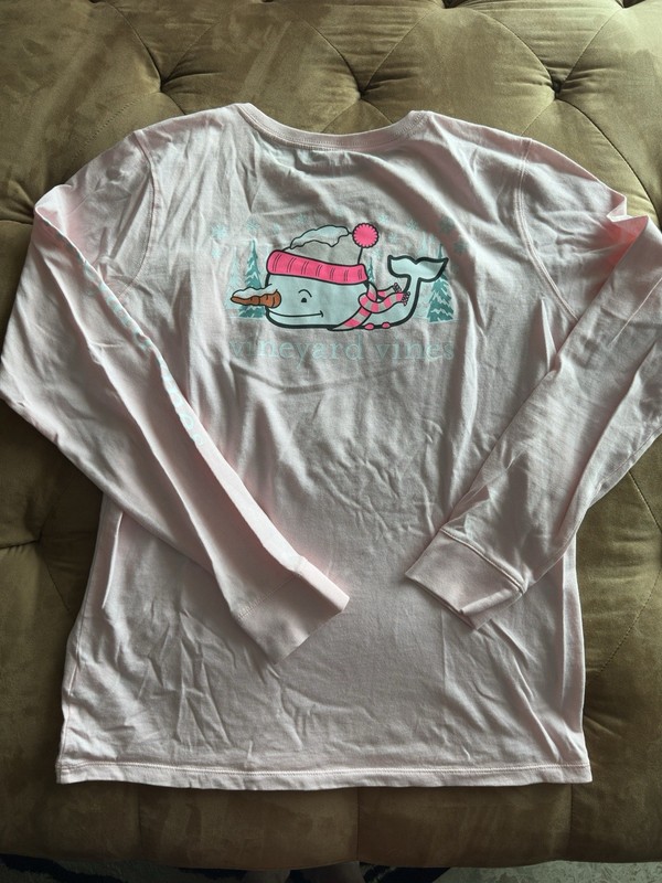 Vineyard Vines Girls  XL Pink Long Sleeve Snowman Whale Pocket Tee Crew Cotton