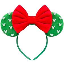 Trnerm Green Red Fuzzy Mouse Ears Headband for Women w/ Beads Cute