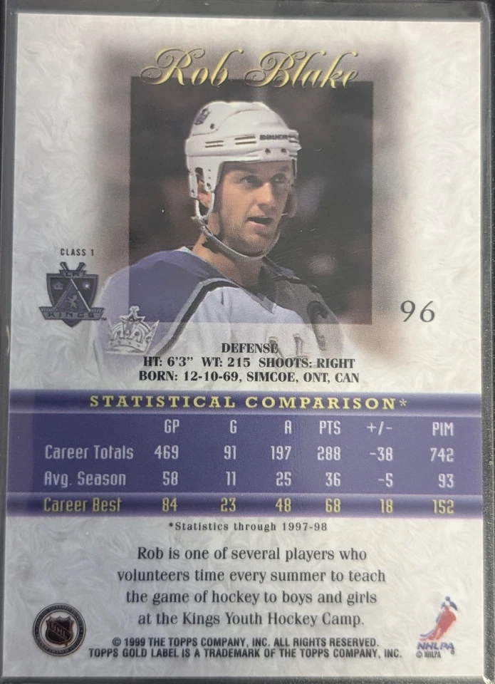 1998-99 TOPPS GOLD LABEL BLACK ROB BLAKE CLASS 1 #96 LOS ANGELES KINGS HOF - Image 2 of 2