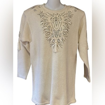 Vintage IB Diffusion Womens Medium Ivory Silk Sweater with Silver Beaded Front