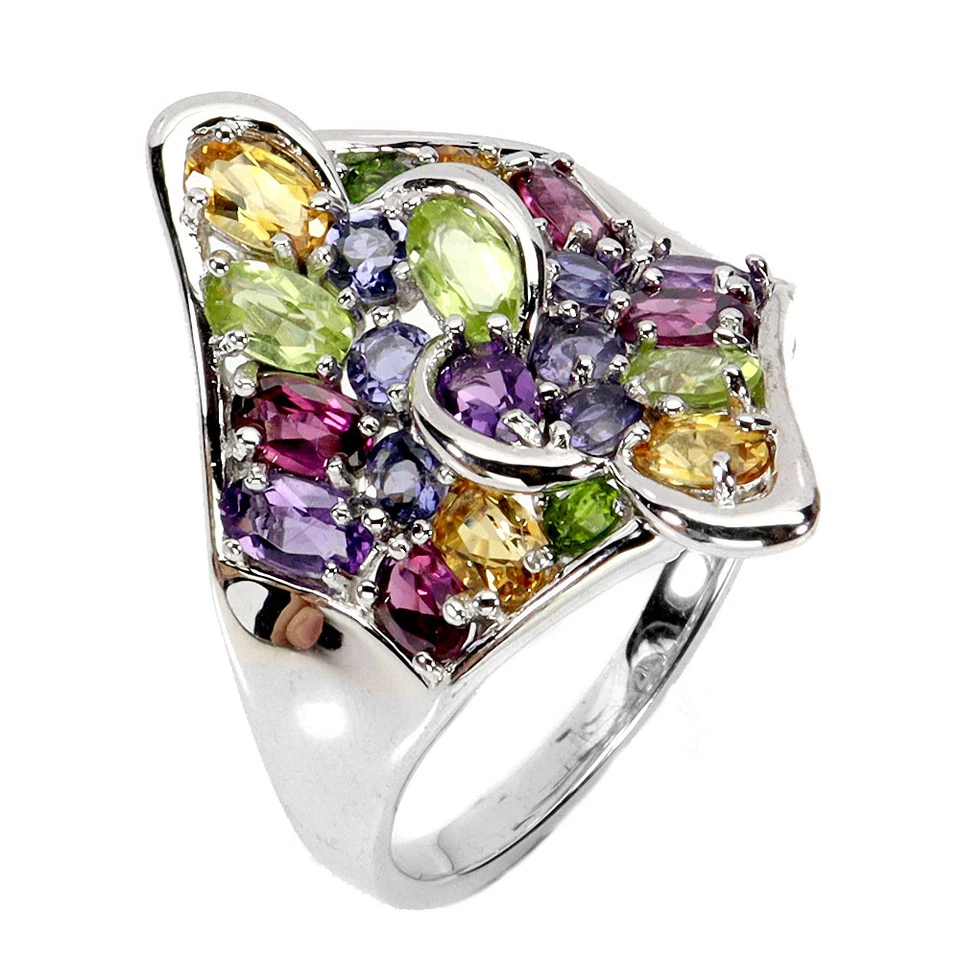 925 Anello Argento Sterling Ovale Citrino Iolite Peridoto Naturale Gemma Gioie S - Immagine 2 di 4