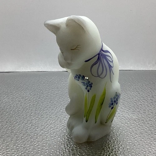 Fenton Hand Painted Glass Cat Figurine signed