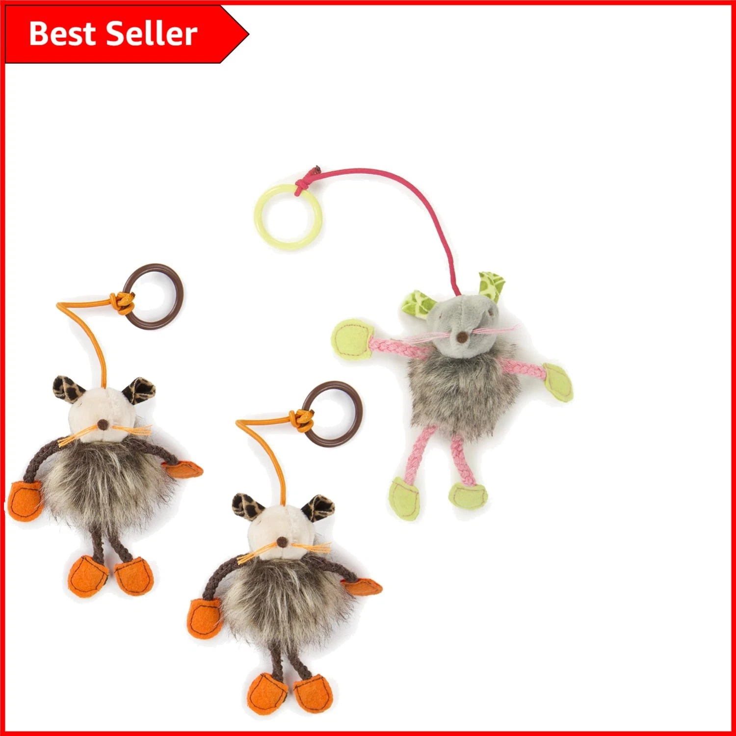 Bungee Teaser Mouse Cat Toy, Extra Long Plush Set of 3 for Energetic Play
