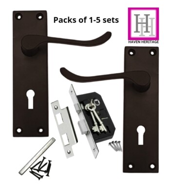 Türgriff Hebel + Schloss & Schlüssel Set Victorian Scroll matt schwarz lackiert 1-5 Paar