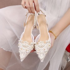 Womens Lace Pearl White High Stiletto Heel Weding Shoes Bridal Party Slingbacks