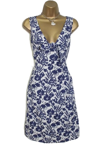 Kew Jigsaw Linen Dress 10 12 Blue White Floral Plunge V Neck Cotton Occasion - Picture 2 of 10